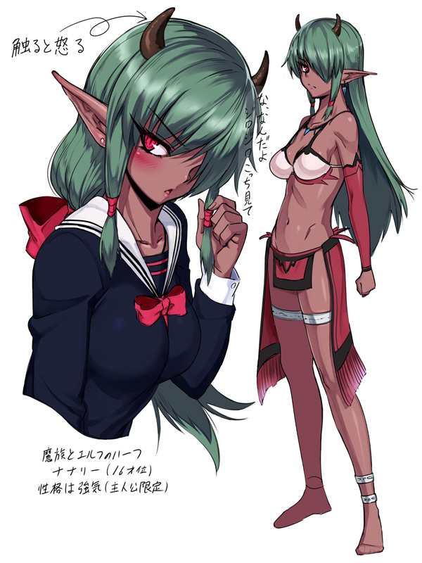 anklet bow breasts dark_skin detached_sleeves elf green_hair hair_bow hair_over_one_eye horns jewelry legband loincloth long_hair medium_breasts midriff navel necklace nyamota original pointy_ears red_eyes school_uniform sidelocks translation_request
