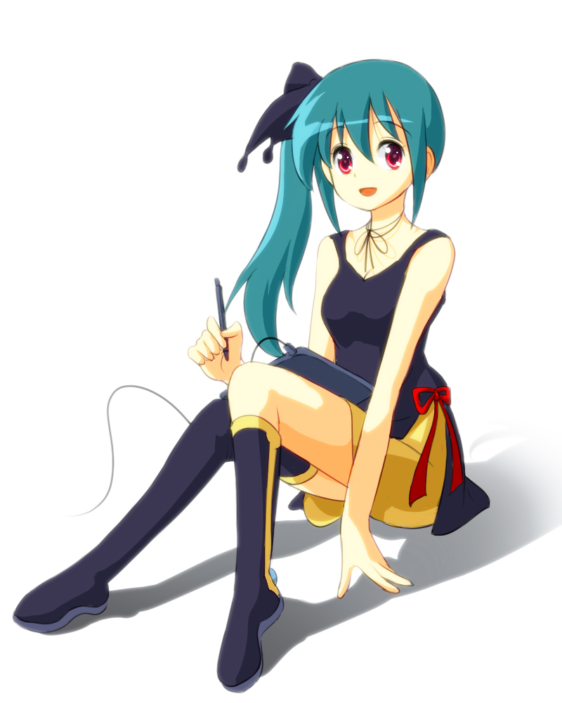 copyright_request green_hair long_hair looking_at_viewer purple_eyes ruu_(tksymkw) side_ponytail simple_background sitting smile solo white_background