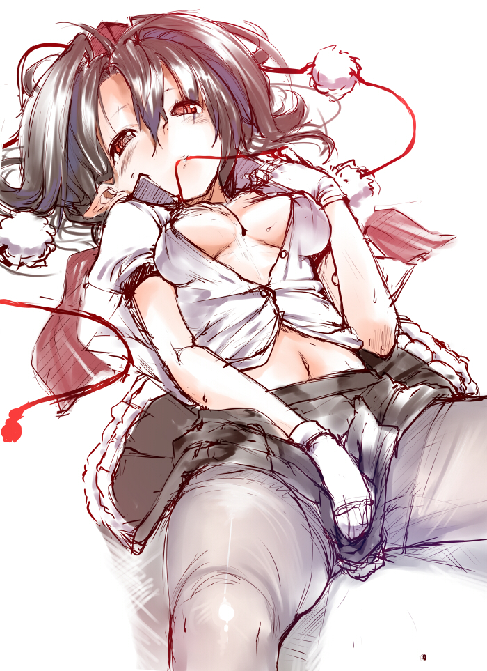 between_legs blush breasts breasts_apart buttons collarbone colorized covering covering_crotch hair_between_eyes hand_between_legs karochii looking_at_viewer lying medium_breasts messy_hair midriff mouth_hold navel no_bra on_back open_clothes open_shirt shameimaru_aya shirt short_hair simple_background solo touhou white_background