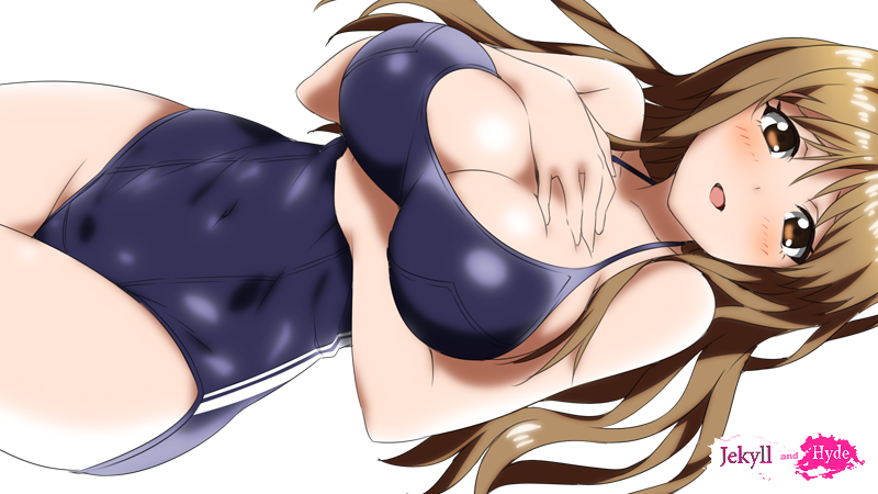blush breast_hold breasts large_breasts long_hair looking_at_viewer mizuki_makoto one-piece_swimsuit photokano school_swimsuit simple_background solo swimsuit white_background yunoki_rina