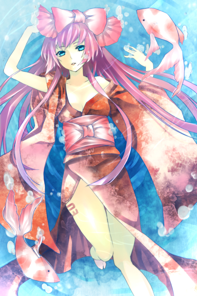 :d air_bubble animal blue_eyes bow bubble fish full_body hair_bow japanese_clothes kimono knee_up lipstick long_hair looking_at_viewer makeup megurine_luka obi open_mouth pink_hair roku_(hikokeng) sash smile solo tattoo underwater very_long_hair vocaloid water