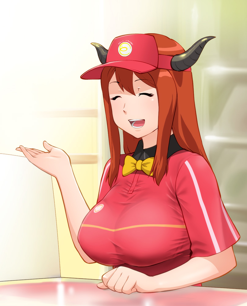 :d ^_^ bow bowtie breasts closed_eyes clothes_writing cosplay employee_uniform fast_food_uniform hataraku_maou-sama! horns large_breasts long_hair maou_(maoyuu) maoyuu_maou_yuusha namesake open_mouth polo_shirt red_hair sasaki_chiho sasaki_chiho_(cosplay) smile solo ueyama_michirou uniform visor_cap