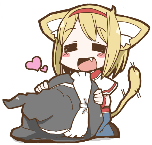 :d adomi alice_margatroid animal_ears blonde_hair blush capelet cat_ears cat_tail chibi closed_eyes fang hairband happy hat hat_removed headwear_removed heart holding holding_hat open_mouth short_hair simple_background smile solo tail touhou white_background