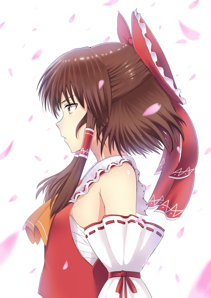 bow brown_eyes brown_hair detached_sleeves famepeera hair_bow hair_tubes hakurei_reimu long_hair petals profile sarashi solo touhou white_background