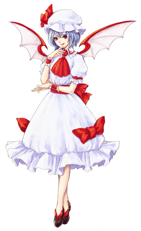 ascot bad_id bad_pixiv_id bat_wings bow finger_to_chin hat hat_ribbon lavender_hair looking_at_viewer mob_cap natsume_k parted_lips puffy_short_sleeves puffy_sleeves red_eyes remilia_scarlet ribbon sash short_hair short_sleeves simple_background skirt skirt_set solo touhou white_background wings wrist_cuffs