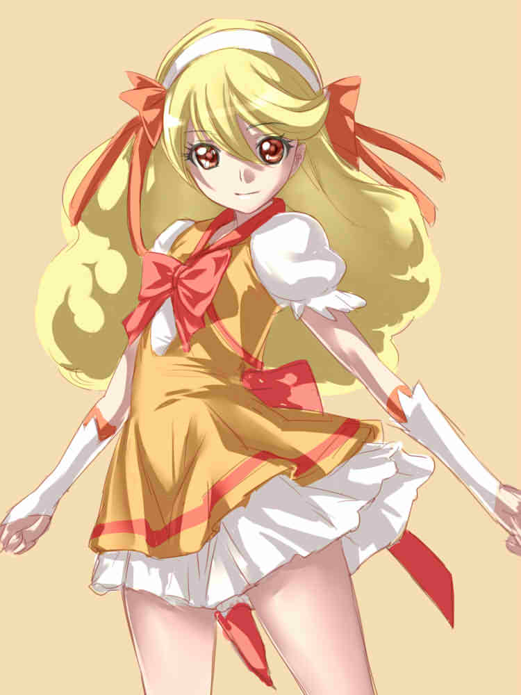 bad_id bad_pixiv_id blonde_hair brown_eyes dodai_shouji hairband jpeg_artifacts light_smile long_hair looking_at_viewer miracle_peace outstretched_arms precure simple_background smile_precure! solo