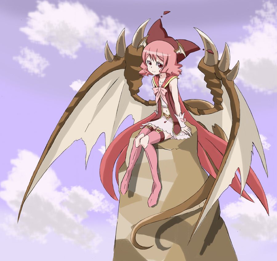 arnval_(artist) bahamut_(zettai_bouei_leviathan) boots bow dragon_girl dragon_tail dragon_wings hat head_wings monster_girl navel pink_footwear pink_hair red_eyes short_hair solo tail wings zettai_bouei_leviathan