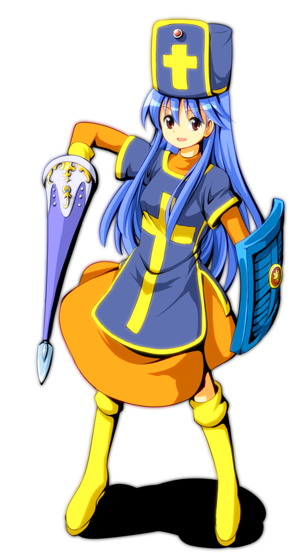 blue_hair dragon_quest dragon_quest_iii hat lance long_hair mitre polearm priest_(dq3) ruu_(tksymkw) shield simple_background smile solo weapon white_background