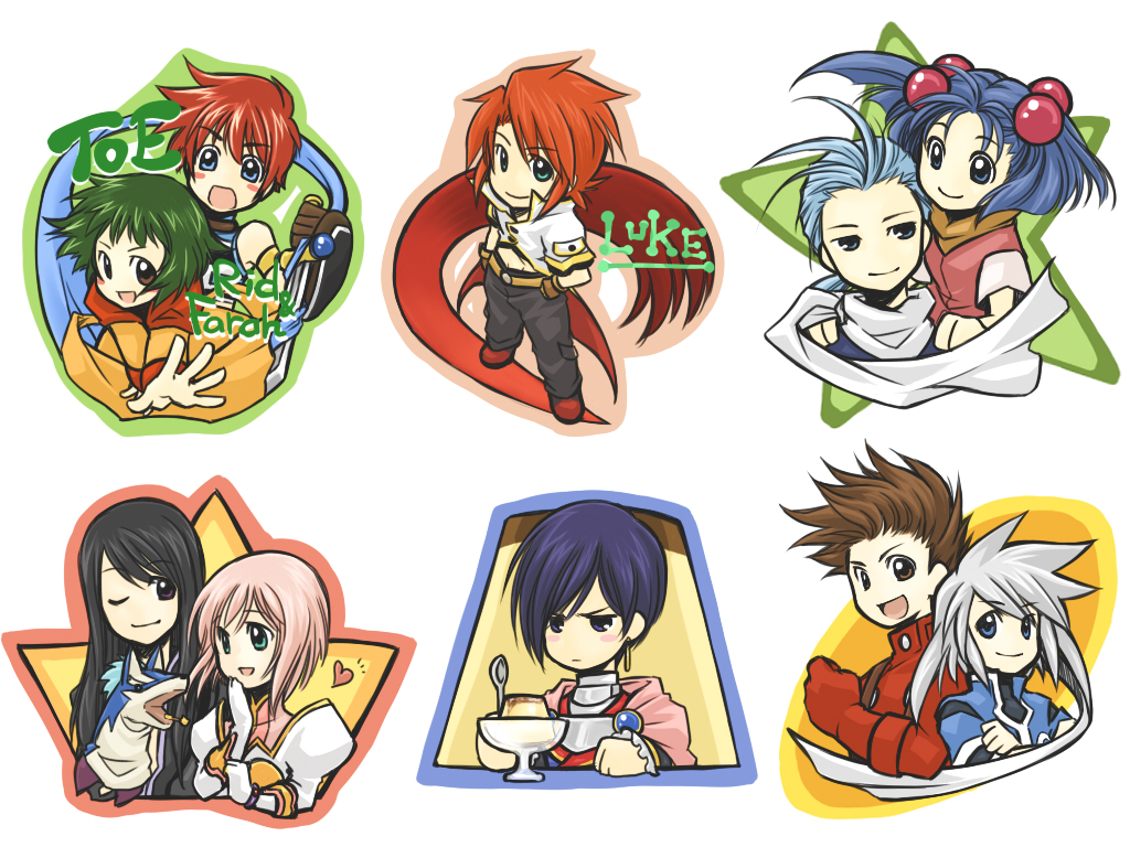 6+boys aino_yumeri amy_barklight back-to-back black_hair blue_hair blush brother_and_sister brown_hair character_name chester_barklight chibi crossed_arms estellise_sidos_heurassein farah_oersted food genius_sage green_hair hand_puppet heart leon_magnus lloyd_irving long_hair luke_fon_fabre multiple_boys multiple_girls one_eye_closed open_mouth pink_hair pudding puppet purple_hair red_hair red_shirt repede rid_hershel scarf shirt short_hair siblings smile tales_of_(series) tales_of_destiny tales_of_eternia tales_of_phantasia tales_of_symphonia tales_of_the_abyss tales_of_vesperia yuri_lowell