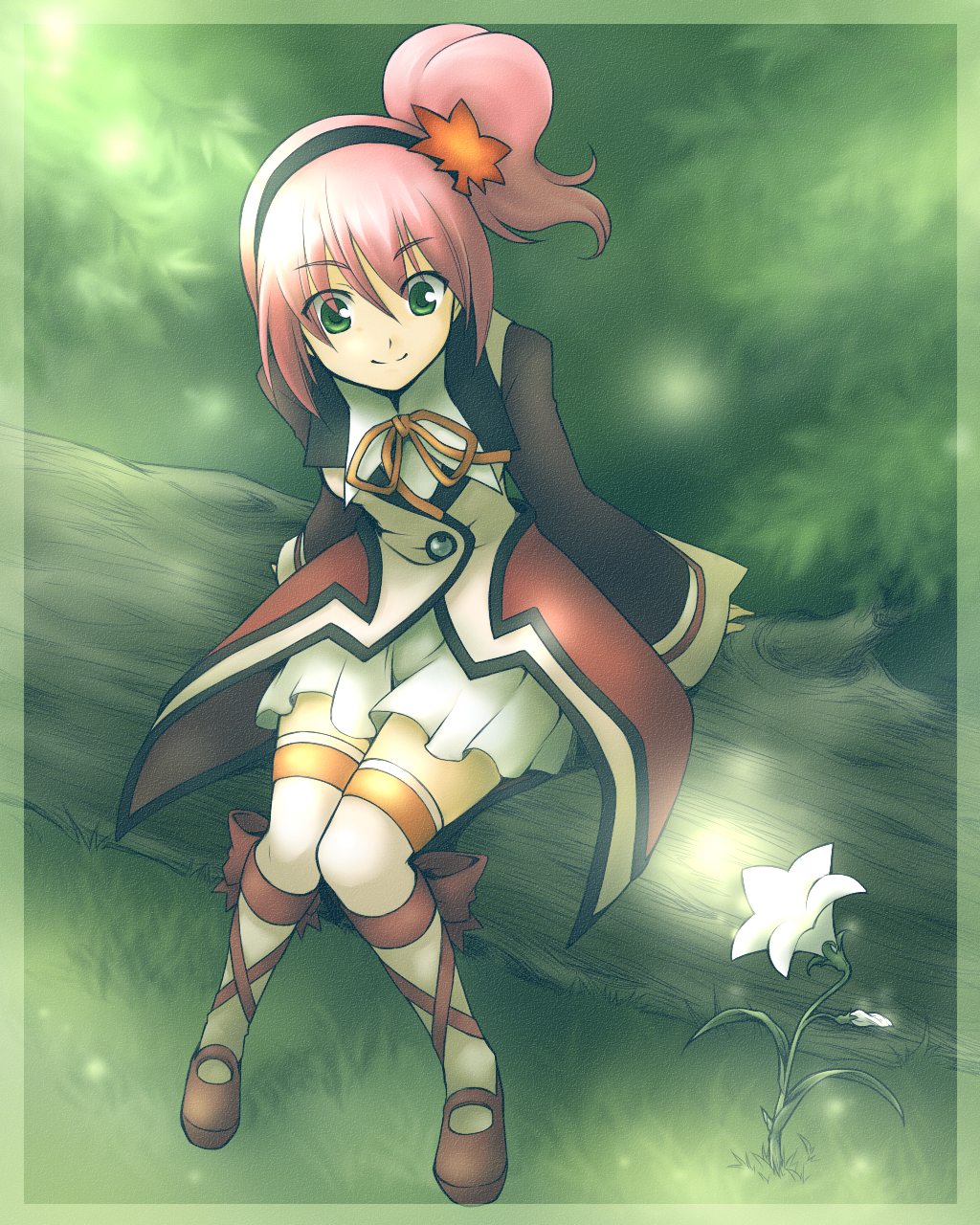 aino_yumeri blush bow coat colorized flower green_eyes hair_ornament hairband highres kanonno_grassvalley leaf leaf_hair_ornament lily_(flower) maple_leaf pink_hair shoe_ribbon shoes short_hair side_ponytail skirt smile solo tales_of_(series) tales_of_the_world_radiant_mythology_3 thighhighs white_legwear