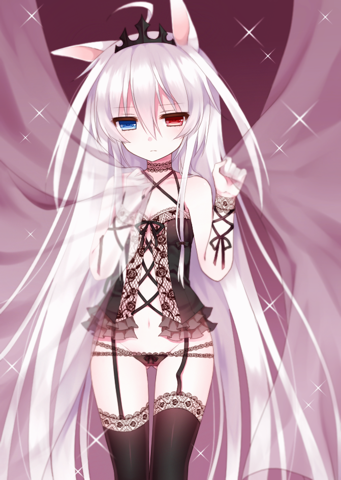 alice_claudia animal_ears babydoll bad_id bad_pixiv_id breasts choker curtains garter_straps hairband heterochromia lace lace-trimmed_panties lace-trimmed_thighhighs lingerie long_hair lowleg lowleg_panties navel original panties small_breasts solo thighhighs tsukikage_nemu underwear very_long_hair white_hair