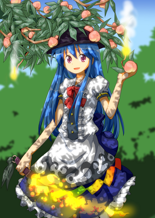 blue_hair food fruit hat hinanawi_tenshi long_hair looking_at_viewer open_mouth peach ruu_(tksymkw) smile solo sword_of_hisou touhou very_long_hair