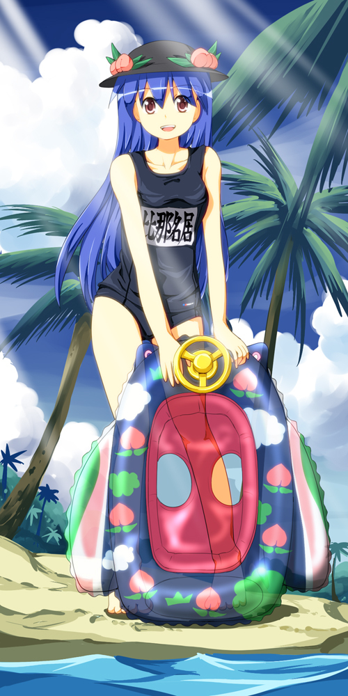 :d barefoot beach blue_hair hat hinanawi_tenshi inflatable_toy light_rays long_hair name_tag one-piece_swimsuit open_mouth palm_tree red_eyes ruu_(tksymkw) school_swimsuit smile solo sunbeam sunlight swimsuit touhou transparent tree water