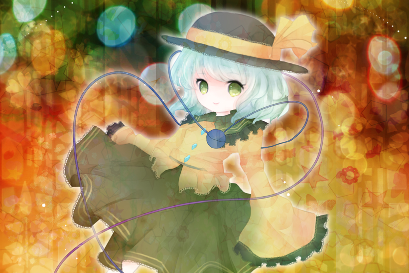 aqua_hair black_hat blouse bug butterfly flower frilled_shirt_collar frilled_sleeves frills gradient gradient_background green_eyes green_skirt hat hat_ribbon hisagi insect komeiji_koishi light_particles long_sleeves looking_at_viewer ribbon shirt short_hair skirt sleeves_past_wrists smile solo star third_eye touhou wide_sleeves yellow_ribbon yellow_shirt