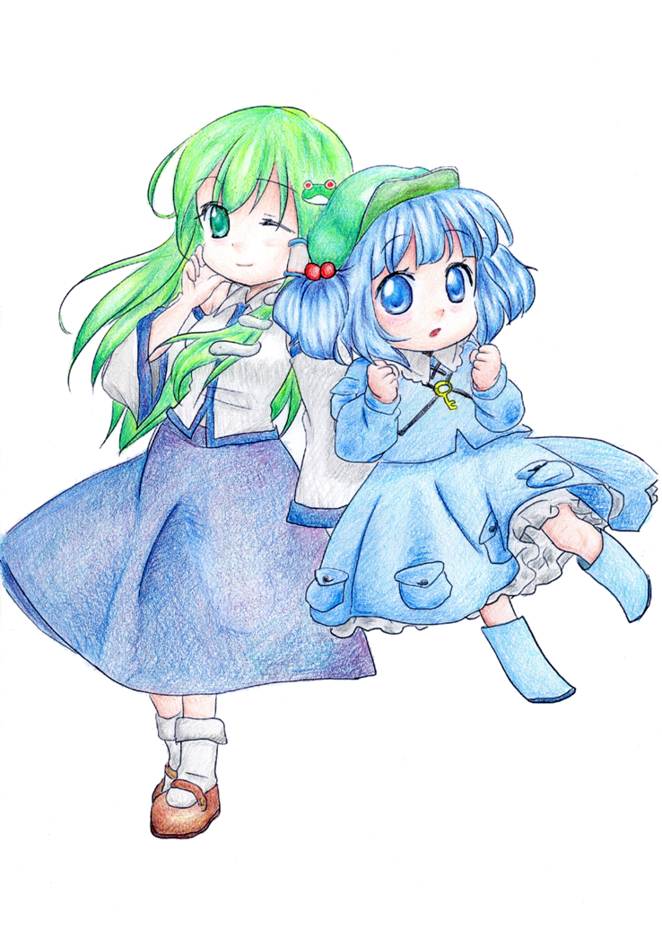 :o blue_eyes blue_hair boots clenched_hands colored_pencil_(medium) detached_sleeves frog_hair_ornament green_eyes green_hair hair_bobbles hair_ornament hair_tubes hane_(wing-rabbit) hat kawashiro_nitori key kochiya_sanae long_hair looking_at_viewer mary_janes multiple_girls one_eye_closed petticoat rubber_boots shoes short_hair simple_background skirt skirt_set smile snake touhou traditional_media two_side_up white_background yakimochi
