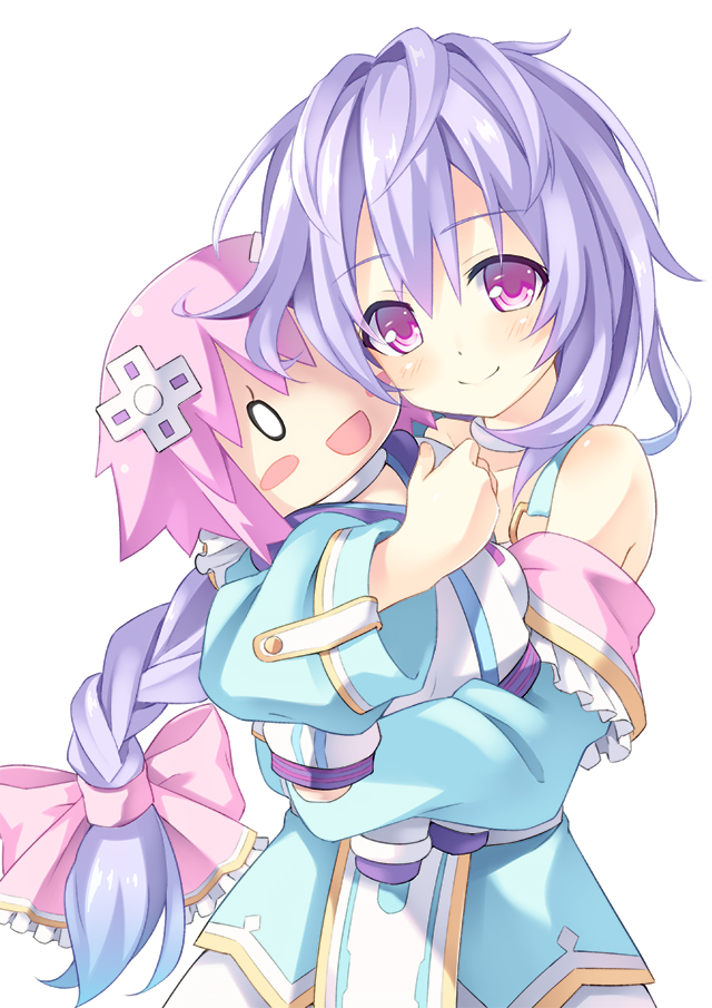 1girl :d bad_id bad_pixiv_id blush blush_stickers bow braid character_doll collar d-pad d-pad_hair_ornament doll doll_hug hair_bow hair_ornament hug kami_jigen_game_neptune_v kinta_(distortion) long_hair neptune_(choujigen_game_neptune) neptune_(series) open_mouth purple_eyes purple_hair pururut ribbon simple_background smile white_background