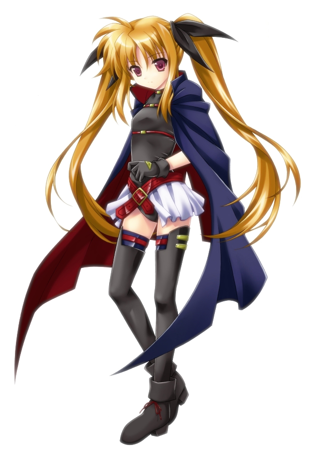 ankle_boots bangs belt beltbra black_gloves black_legwear blonde_hair boots buckle cape clenched_hand expressionless fate_testarossa flat_chest from_side full_body gloves hair_ribbon katase_kai leotard long_hair loose_belt lyrical_nanoha magical_girl mahou_shoujo_lyrical_nanoha miniskirt parted_bangs pleated_skirt purple_eyes ribbon showgirl_skirt sidelocks simple_background skirt solo standing thighhighs turtleneck twintails very_long_hair white_background