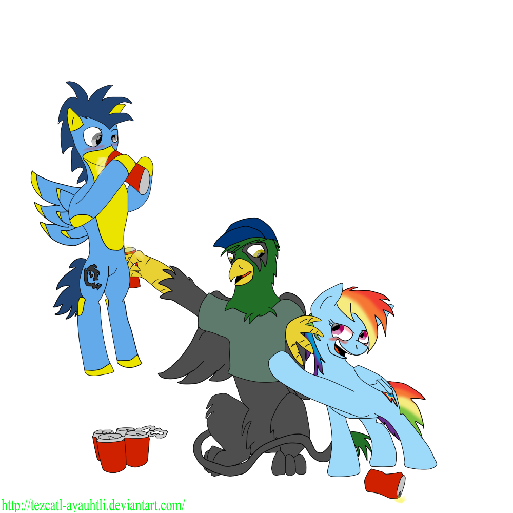 alcohol alpha_channel avian beer beverage blush clothing cutie_mark drunk english_text equine female feral friendship_is_magic group gryphon hair horse male mammal megasupertacoman multi-colored_hair my_little_pony pegasus plain_background pony purple_eyes rainbow_dash_(mlp) rainbow_hair text tezcatl tezcatl_(character) transparent_background wings