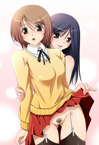 2girls black_hair blush breasts brown_eyes brown_hair female hiyoko_daiou long_hair looking_at_viewer multiple_girls no_panties open_mouth pubic_hair pussy skirt skirt_lift smile thighhighs uncensored yuri