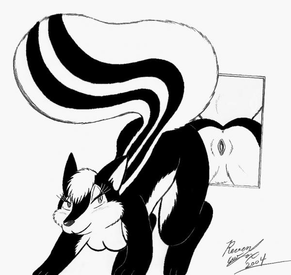 all_fours anus black black_and_white black_fur breasts clitoris eyelashes female fur invalid_tag looking_at_viewer mammal mirin mirror monochrome nude on_fours plain_background presenting pussy raised_tail reflection revenfox skunk smile solo