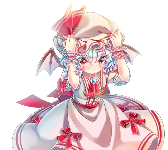 ascot bat_wings blue_hair dress hands_on_headwear hat here_(artist) red_eyes remilia_scarlet short_hair simple_background touhou white_background wings wrist_cuffs
