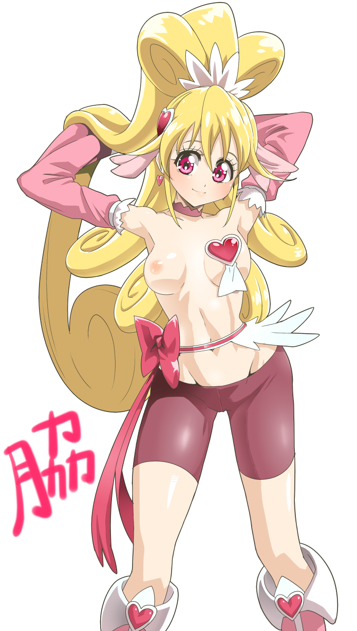 aida_mana armpits arms_up athletic bike_shorts blonde_hair blush boots bow breasts cure_heart curly_hair detached_sleeves dokidoki!_precure gan_balance half_updo heart highres long_hair nipples pink_bow pink_eyes pink_sleeves precure simple_background small_breasts smile solo topless white_background