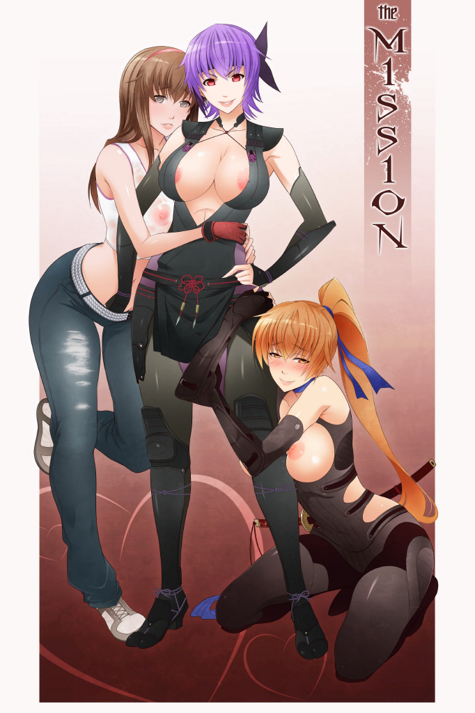 3girls ayane ayane_(doa) brown_hair crimeglass dead_or_alive girl_sandwich hitomi hitomi_(doa) kasumi kasumi_(doa) long_hair multiple_girls pantyhose pixiv_manga_sample purple_hair sandwiched siblings sisters tecmo