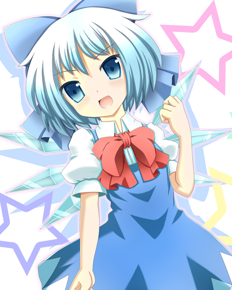 blue_eyes blue_hair bow cirno dress hair_bow looking_at_viewer open_mouth outline puffy_short_sleeves puffy_sleeves ribbon shadow shinhoya short_hair short_sleeves simple_background solo star touhou white_background wings
