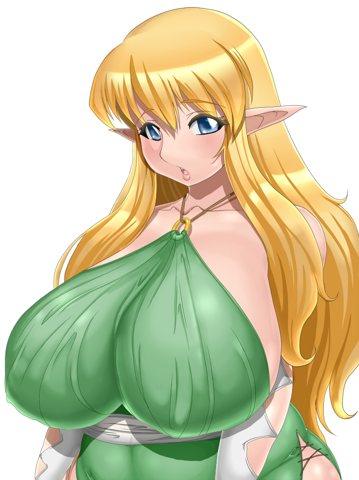 astraea13 bare_shoulders blonde_hair blue_eyes breasts elf gigantic_breasts lips long_hair looking_at_viewer parted_lips plump pointy_ears simple_background solo tiffania_westwood very_long_hair white_background zero_no_tsukaima