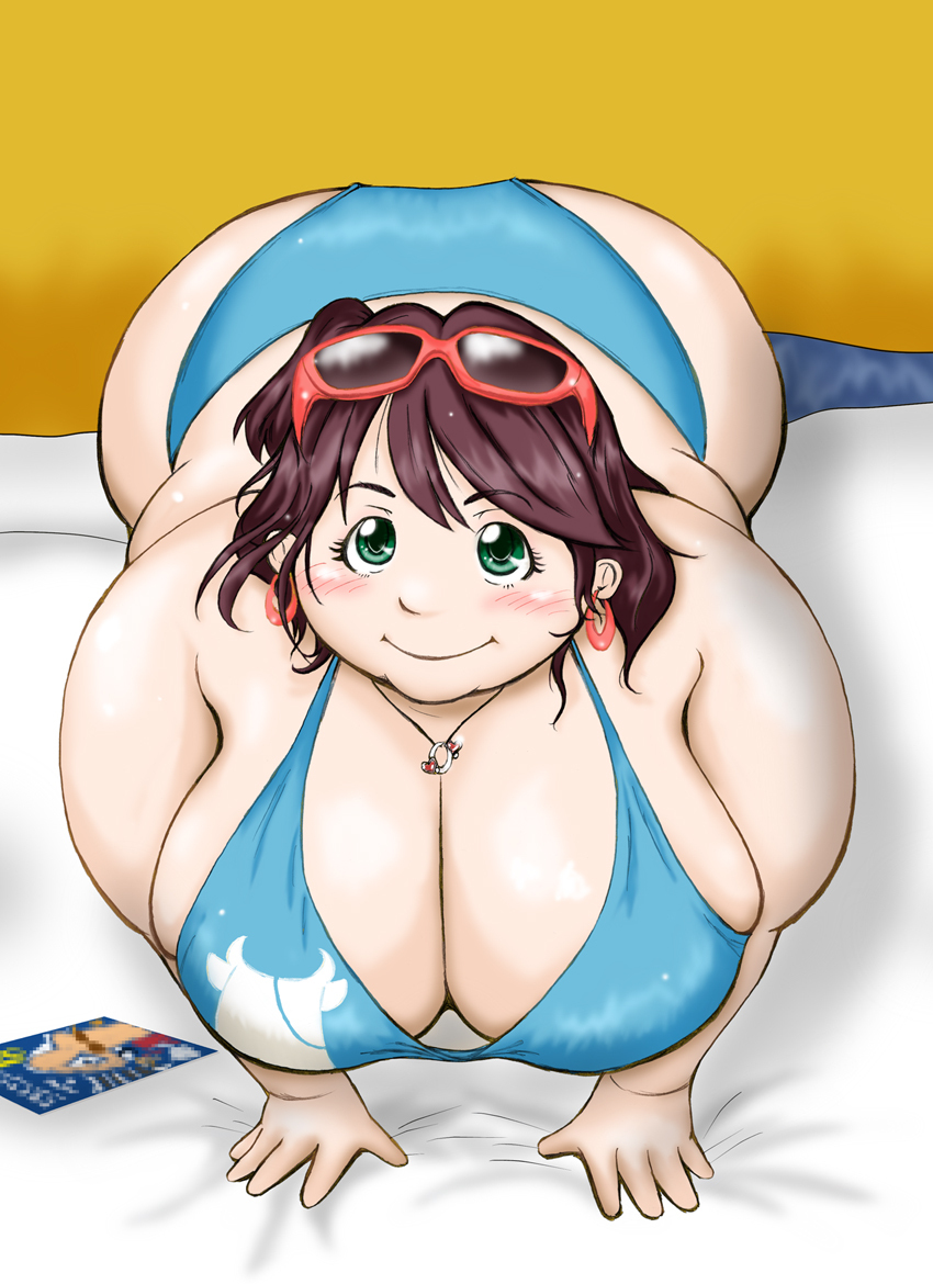 1girl breasts brown_hair earrings fat green_eyes huge_breasts jewelry kumanosaketori magazine necklace obese poorly_drawn sunglasses