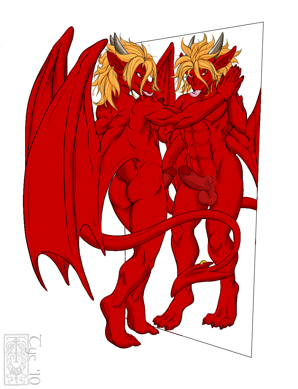 amber_eyes biceps claws dragon edit erection golden_hair hair horn looking_at_viewer male mirror muscles nude pecs penis red_dragon red_skin reflection standing starsoul tyelle_niko wings