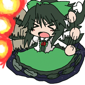 &gt;_&lt; 216 animated animated_gif arm_cannon black_hair bow cape chibi closed_eyes hair_bow long_hair lowres open_mouth reiuji_utsuho skirt solo tantrum third_eye touhou weapon wings