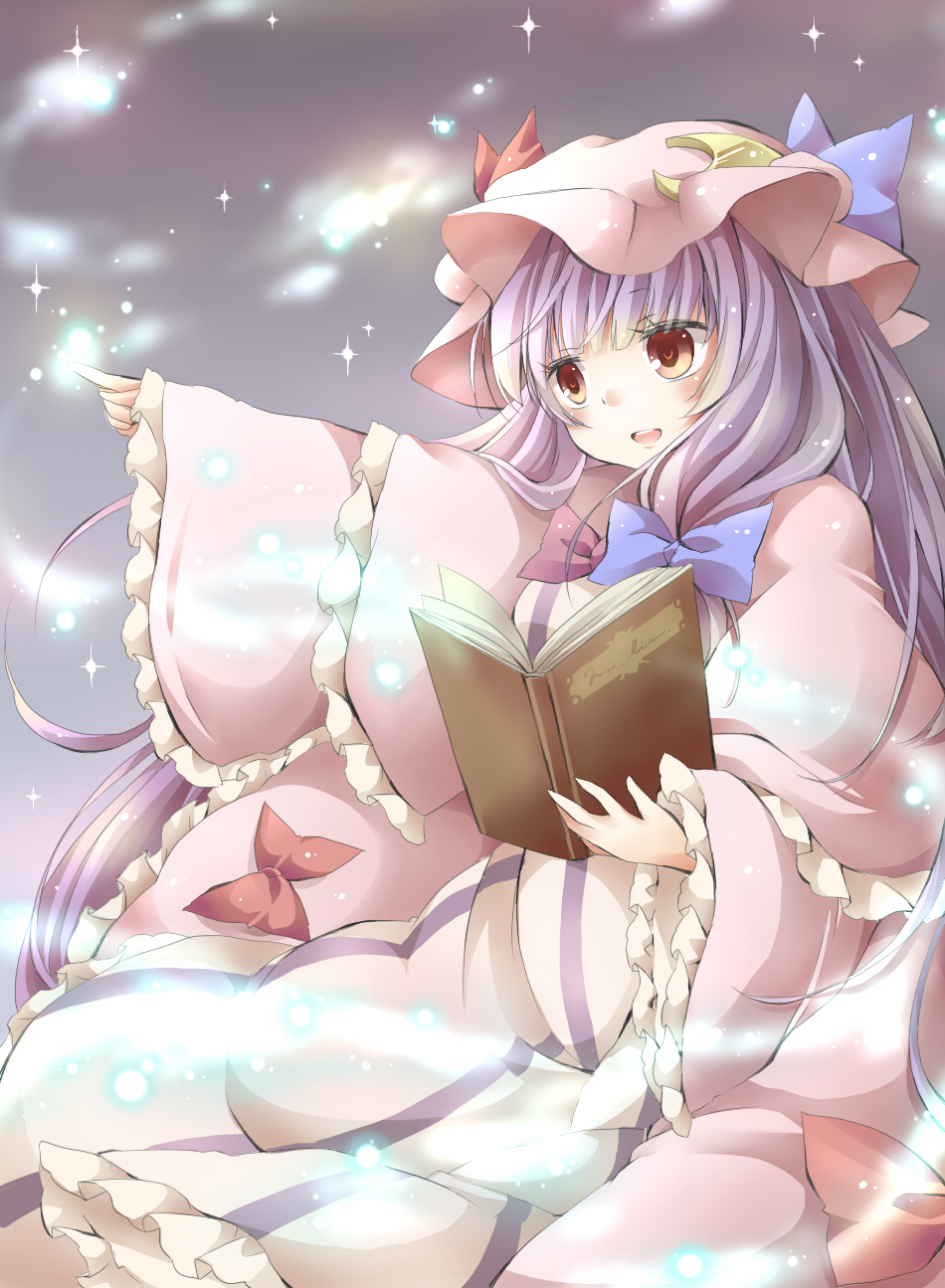 book brown_eyes crescent hair_ribbon hat highres long_hair open_mouth patchouli_knowledge purple_hair ribbon solo tamichan touhou