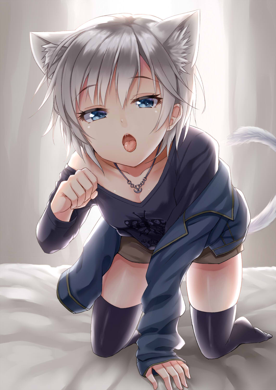 alexmaster all_fours anastasia_(idolmaster) animal_ears black_legwear blue_eyes cat_ears cat_tail highres idolmaster idolmaster_cinderella_girls jewelry necklace open_mouth paw_pose sweater_vest tail thighhighs white_hair