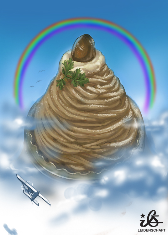 airplane bird cake cloud day flying food mont_blanc_(food) mont_blanc_(mountain) no_humans original parsley propeller pun rainbow shadow signature sky too_literal utu_(ldnsft)