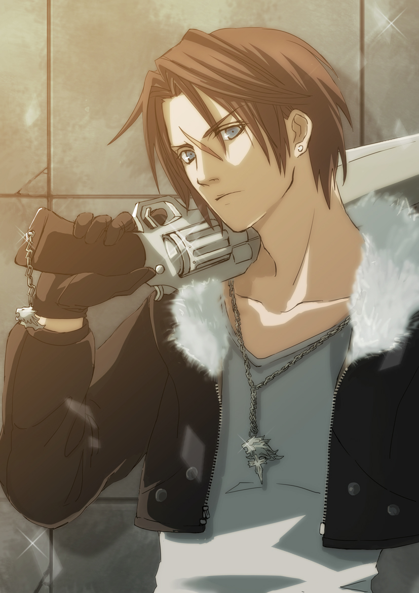 blue_eyes brown_hair collarbone final_fantasy final_fantasy_viii fur_trim gunblade jacket jewelry looking_at_viewer male_focus necklace scar solo squall_leonhart tierra818 weapon zipper