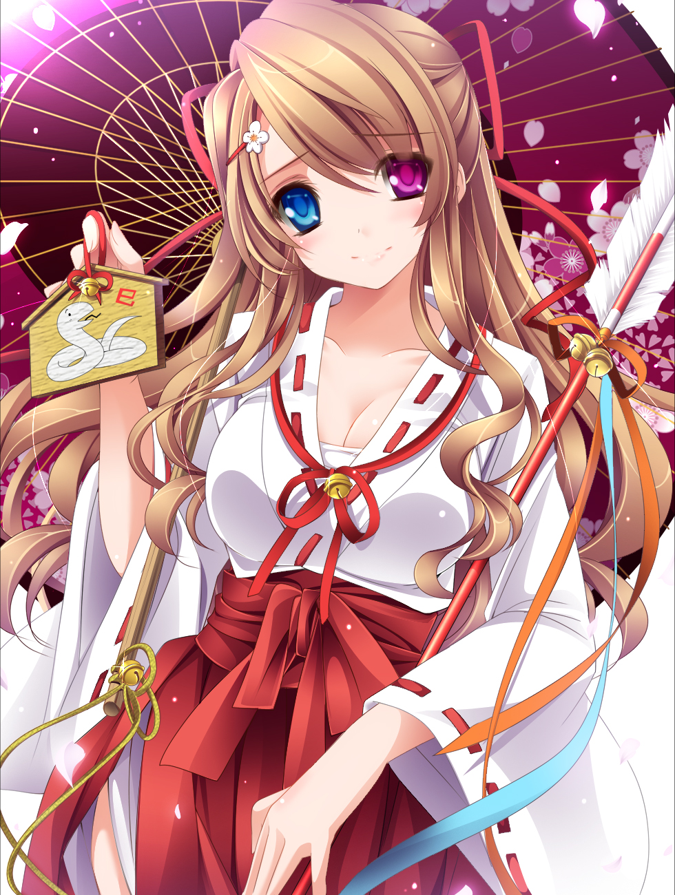 arrow bell breasts cleavage collarbone ema floral_print hair_ribbon heterochromia highres japanese_clothes jingle_bell large_breasts light_brown_hair long_hair long_sleeves looking_at_viewer miko moneti_(daifuku) oriental_umbrella original ribbon sash side_slit smile snake solo umbrella wide_sleeves