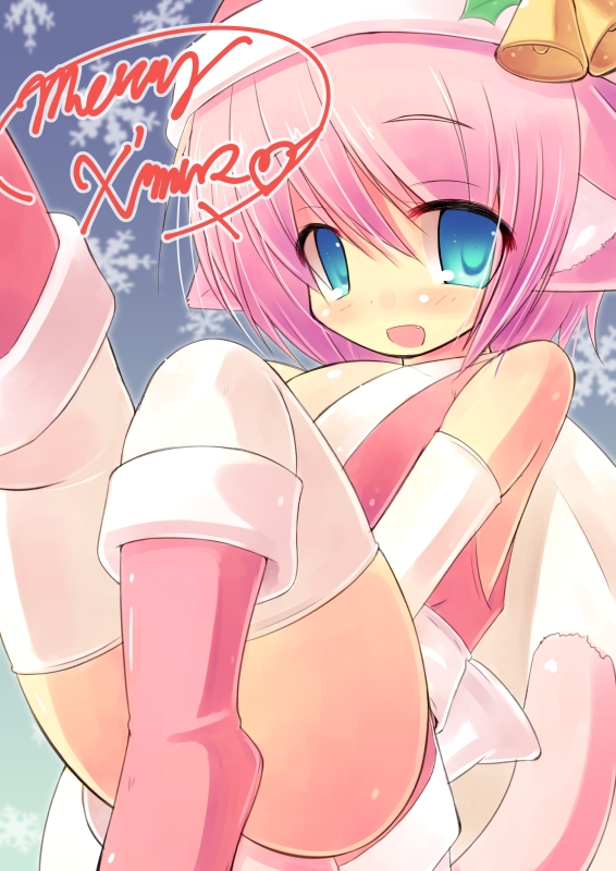 2012 animal_ears bell blue_eyes blush breasts cat_ears cat_tail christmas christmas_hat fang kourourin large_breasts open_mouth original pink_hair sack santa_hat tail