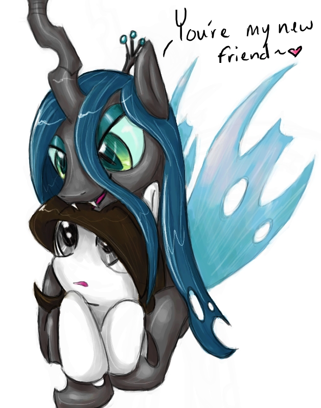 &lt;3 ambiguous_gender brown_hair changeling crown cute dialog duo english_text epemetheus equine eye_contact fangs female feral friendship_is_magic fur green_eyes green_hair grey_eyes hair horn horse mammal my_little_pony plain_background pony princess queen queen_chrysalis_(mlp) royalty smile solo text white_background white_fur winged_unicorn wings