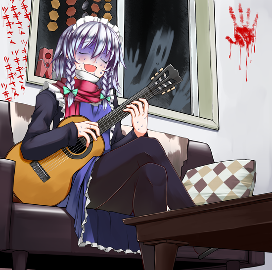 alternate_costume black_legwear blood blood_stain braid character_name closed_eyes cosplay couch crossed_legs ghost guitar hair_ribbon hand_print instrument iwanori izayoi_sakuya izayoi_sakuya_(cosplay) long_sleeves maid_headdress music open_mouth pale_face pantyhose pillow playing_instrument red_scarf ribbon scarf short_hair silver_hair sitting smile solo surgical_mask sweat table touhou tsukigi_(cosplayer) twin_braids window