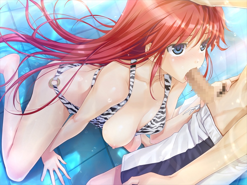 1girl areolae bare_shoulders blue_eyes blush breasts censored classy_cranberry's classy_cranberry's fellatio game_cg hand_on_head happoubi_jin highres kazanin_yukariko kneeling legs long_hair looking_up nipples oral penis pool red_hair sweat swimsuit thighs water
