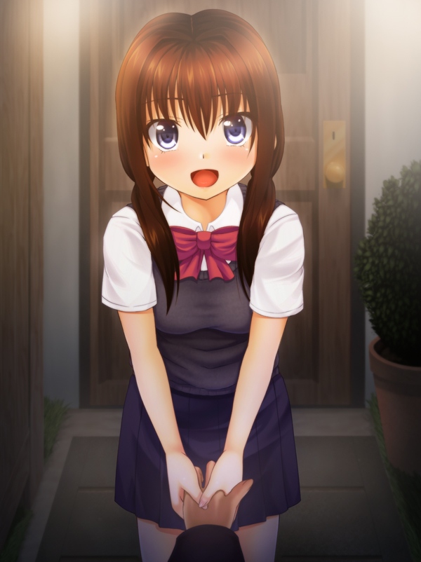 bad_id bad_pixiv_id blue_eyes blush brown_hair doorway long_hair necktie noshimasa open_mouth original out_of_frame pov pov_hands school_uniform skirt solo_focus twintails vest