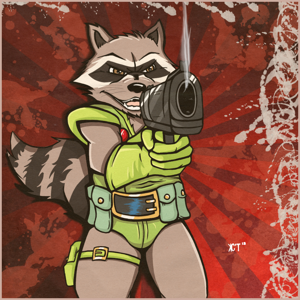 belt claws clothed clothing fangs gun handgun male mammal marvel open_mouth pattern_background paws pistol plain_background pouch raccoon ranged_weapon rocket_raccoon scantily_clad simple_background solo stripes teeth weapon