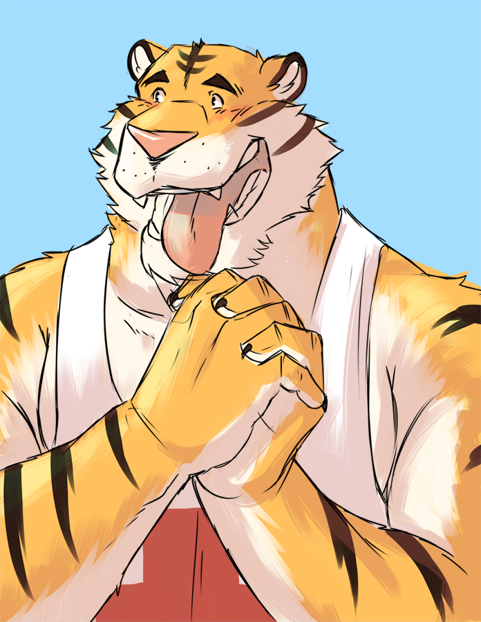 anthro biceps big_muscles blue_background claws clothed clothing feline fur male mammal muscles open_mouth paws plain_background shirt solo tank_top the_farewelled tiger tongue tongue_out