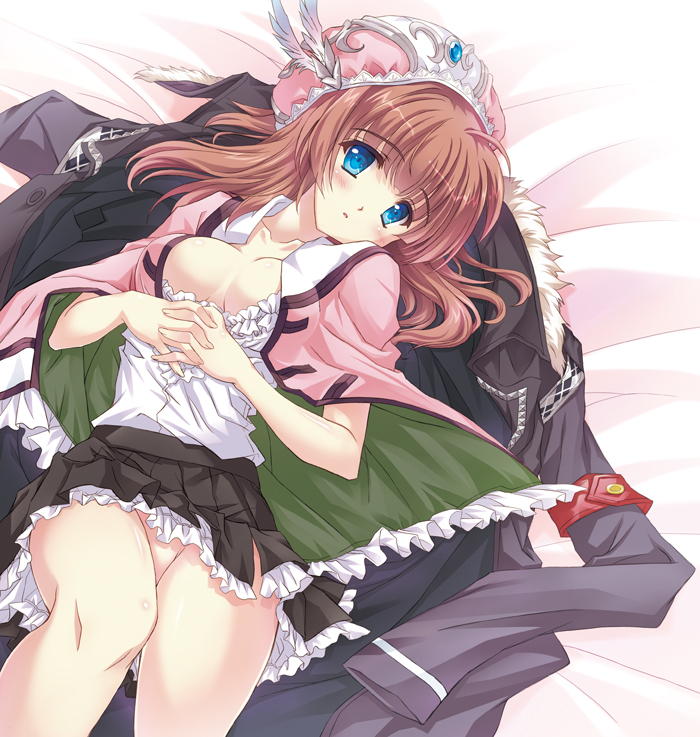 ankoromochi atelier_(series) atelier_rorona blue_eyes blush breasts brown_hair capelet feathers frills hands_clasped hat jacket jacket_removed long_hair lying medium_breasts no_bra no_panties on_back own_hands_together pink_capelet rororina_fryxell skirt solo
