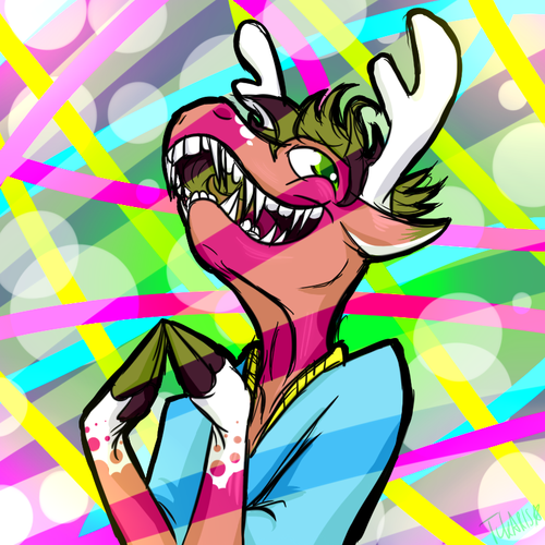 abstract_background antlers cervine deer futret green_eyes hooves horn sharp_teeth smile teeth