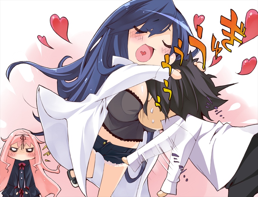 2girls between_breasts black_hair blue_hair blush breast_smother breasts classy_cranberry's classy_cranberry's cleavage eyes_closed game_cg happoubi_jin highres honda_seshiru hug huge_breasts labcoat long_hair multiple_girls open_mouth oze_kyouka pink_hair short_hair short_shorts shorts simple_background