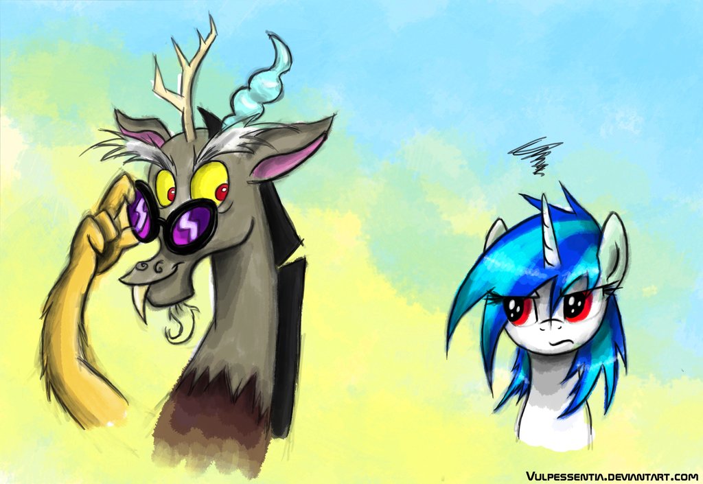 annoyed antler antlers black_hair blue_hair discord_(mlp) draconequus duo equine eyewear fangs female friendship_is_magic glasses hair horn horse male mammal my_little_pony pony red_eyes sunglasses two_tone_hair unicorn vinyl_scratch_(mlp) vulpessentia yellow_sclera