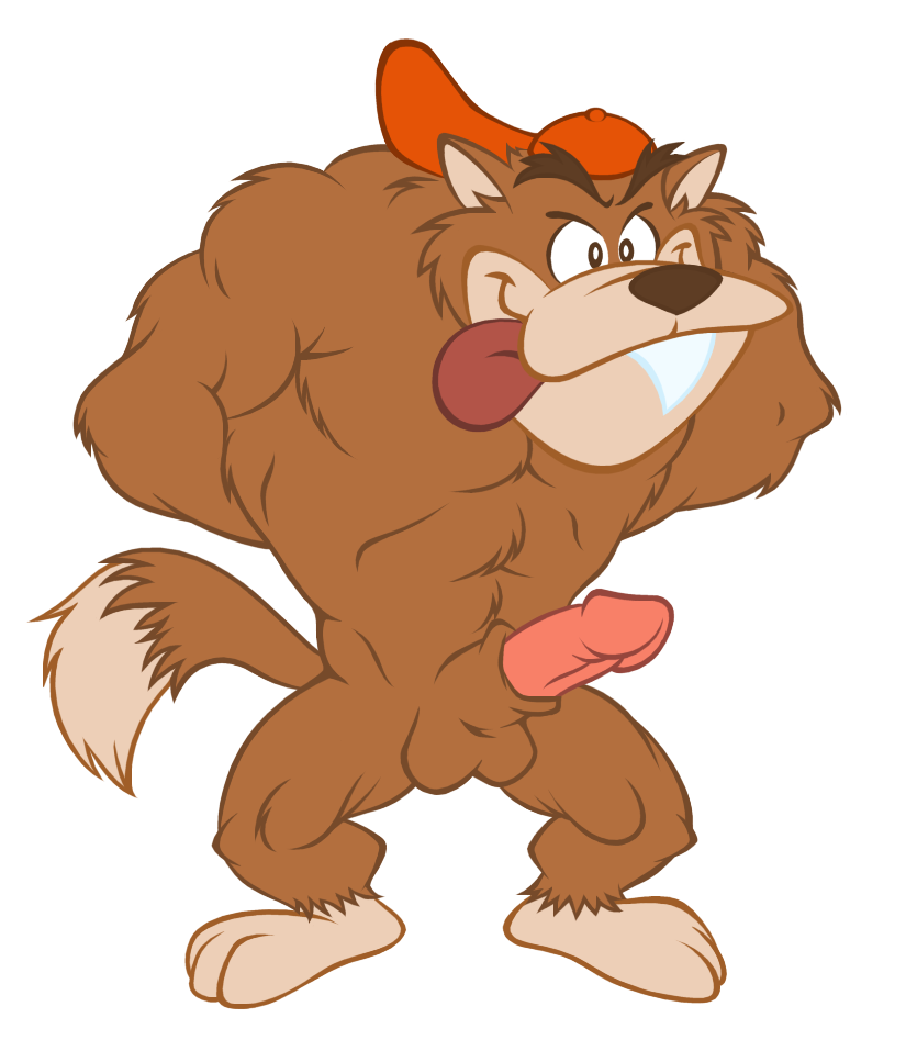 animal_genitalia anthro balls biceps brown_fur brown_nose canine canine_penis dilgearwolfang erection fangface fur half-erect hat male mammal muscles nude pecs penis plain_background pose presenting sheath smile solo standing tan_fur tongue tongue_out were werewolf white_background wolf