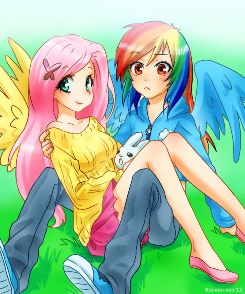 angel_(my_little_pony) aqua_eyes bangs blush breasts bunny denim dress english flats fluttershy glass hair_ornament hairclip holding jeans long_hair looking_at_viewer medium_breasts multicolored multicolored_hair multiple_girls my_little_pony my_little_pony_friendship_is_magic orange_eyes pants personification pinafore_dress pink_hair pink_skirt racoon-kun rainbow_dash rainbow_hair shoes sitting skirt smirk sneakers swept_bangs tareme wings